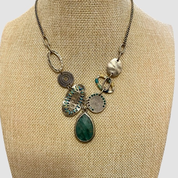 Vintage Jewelry - Vintage The Bohm Necklace Green Stone Pendant Gold Tone Mixed Metal Statement